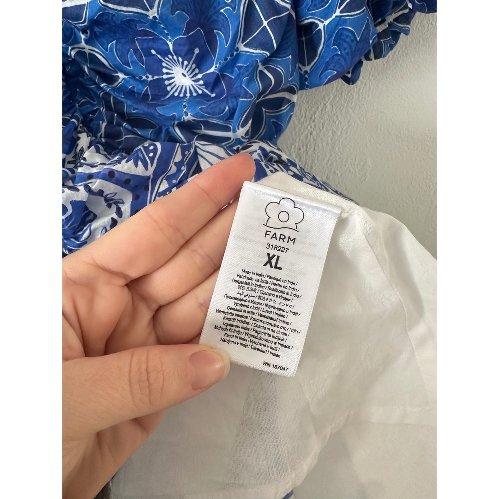 Farm Rio Blue Tiles Mini Dress XL Blue White Floral Ruched Puff Sleeve V-Neck - Picture 7 of 8